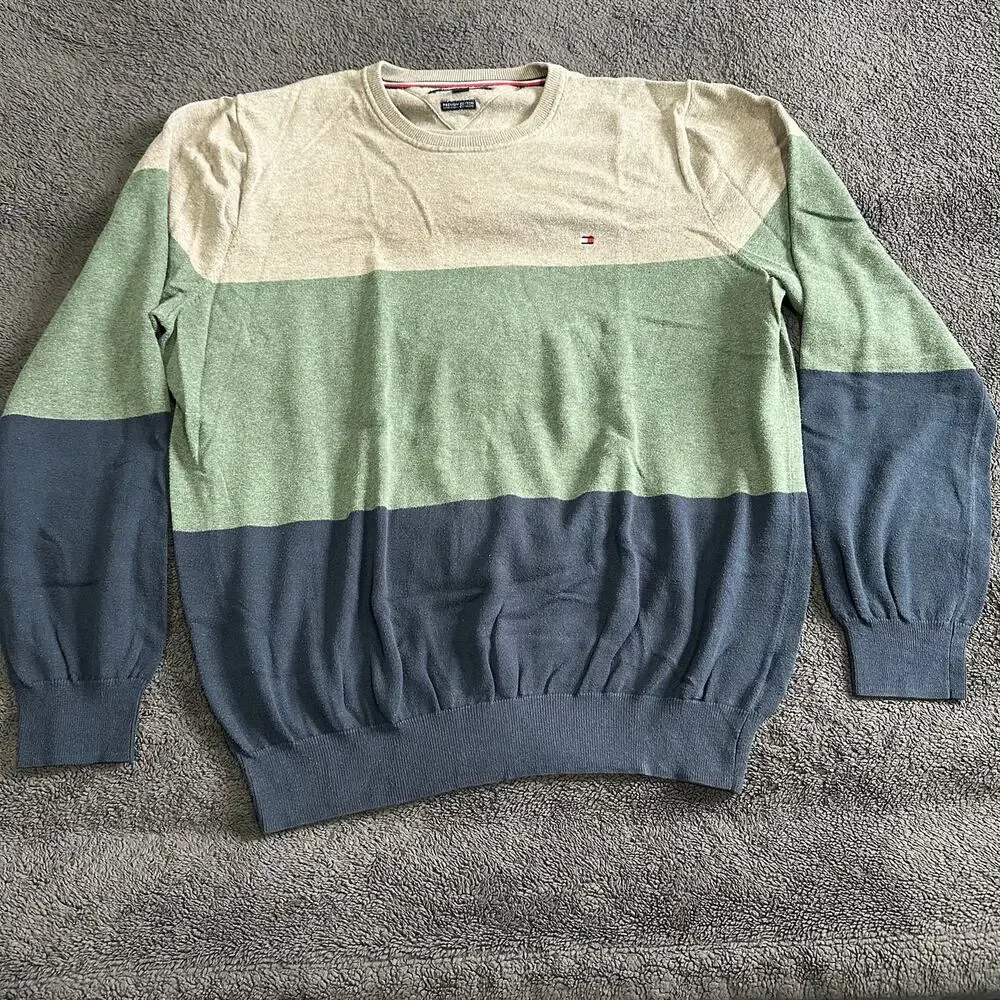 Tommy Hilfiger Mens XL Premium Cotton Colorblock Crewneck Sweater Retro 80s Y2K